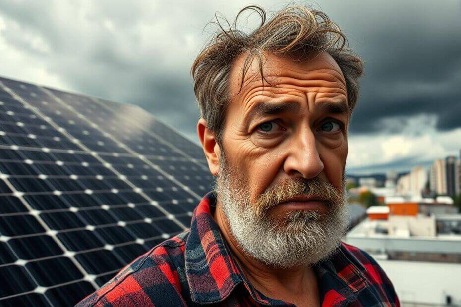 Das Bild zeigt einen älteren Mann mit grauem Haar und Bart, der besorgt und enttäuscht vor einer Reihe moderner Solarpanels auf einem Dach steht. Sein nachdenklicher Blick und die düsteren Wolken im Hintergrund lassen vermuten, dass er mit seiner Solaranlage unzufrieden ist. Es könnte sich um einen Kunden handeln, der mit Enpal schlechte Erfahrungen gemacht hat, was seine Frustration erklärt. Die Szene ist detailliert und fängt sowohl die modernen Solarmodule als auch die emotional aufgeladene Stimmung des Mannes ein.