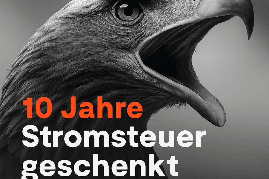 Schwarz-weiß Bild eines Adlers im Profil mit offenem Schnabel, kombiniert mit Werbetext „10 Jahre Stromsteuer geschenkt“ – symbolisch für grüüün Strom Erfahrung und deren langjährige Preisvorteile.