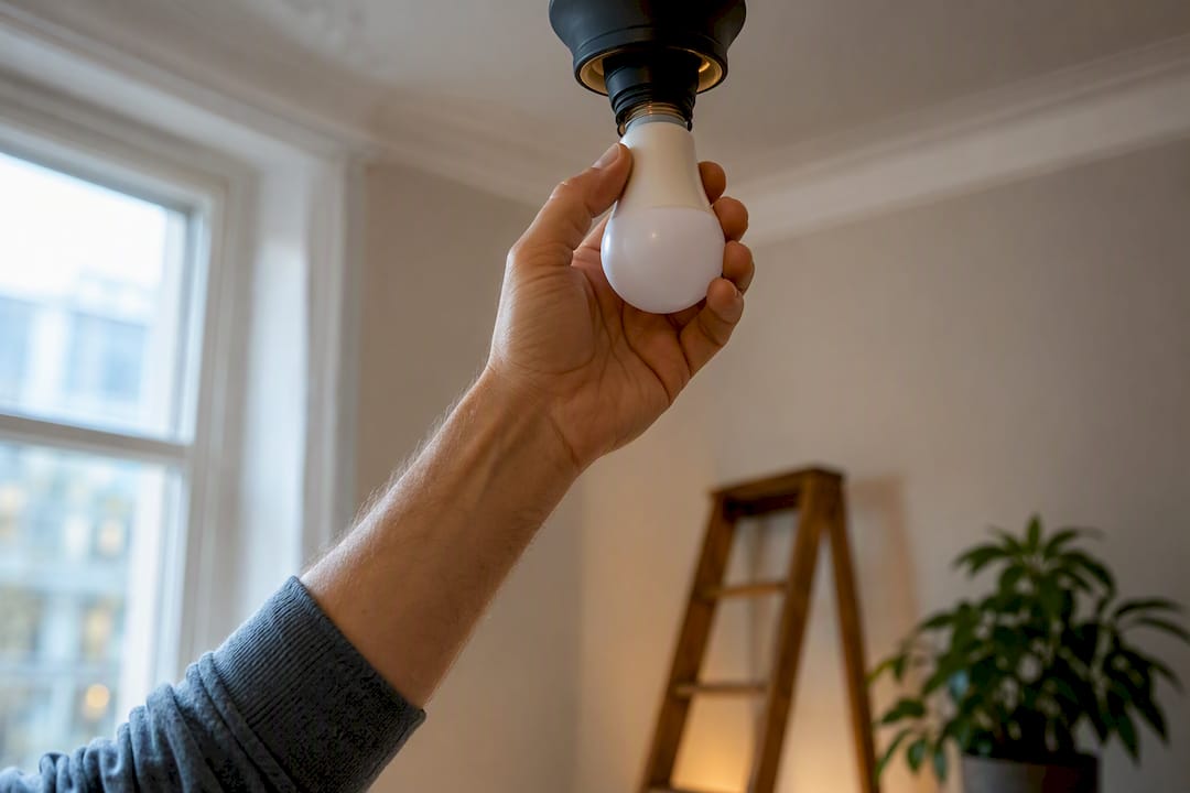 Hand schraubt LED-Lampe in die Fassung