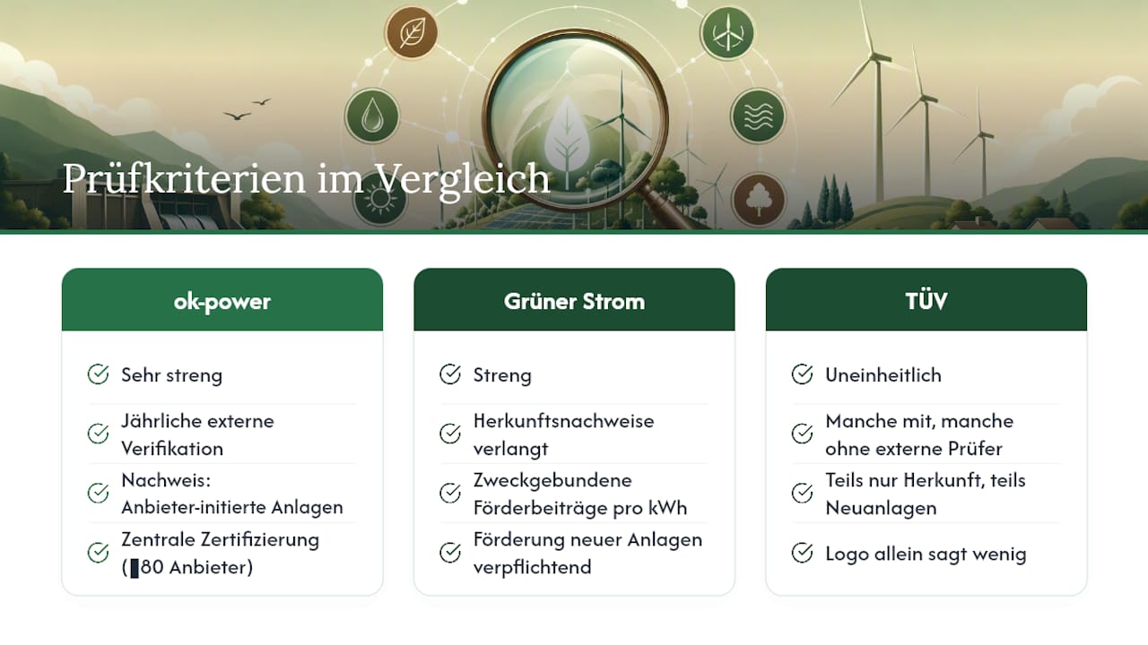 Vergleich von drei Ökostrom-Gütesiegeln