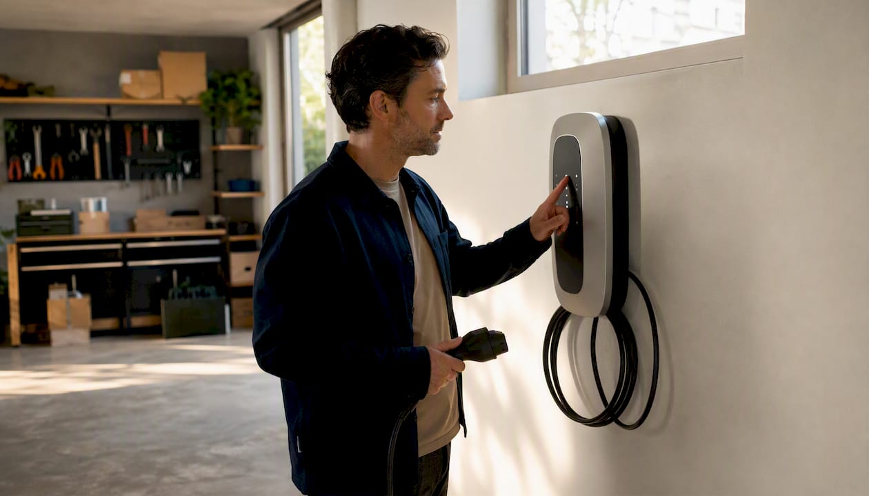 Bedienung der intelligenten Wallbox für das E-Auto zu Hause per Hand