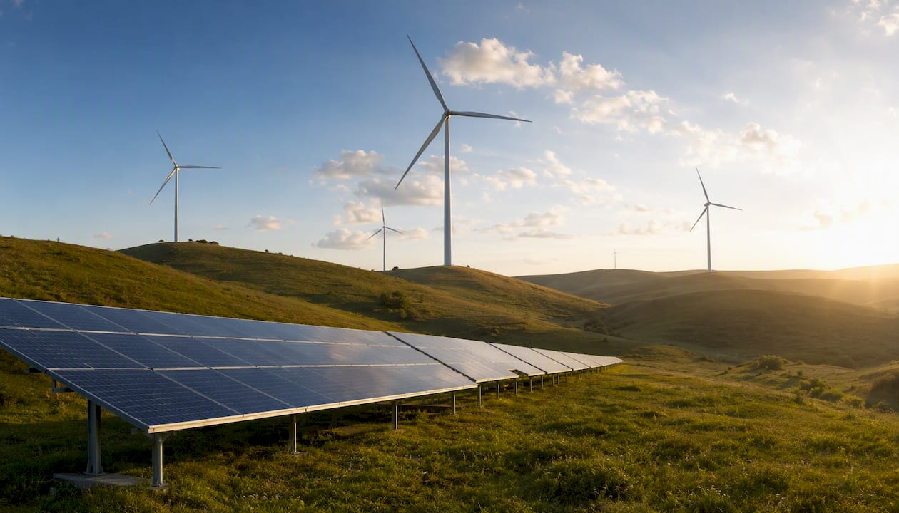 Eine Landschaft, in der moderne Windräder und Solaranlagen das Bild prägen.