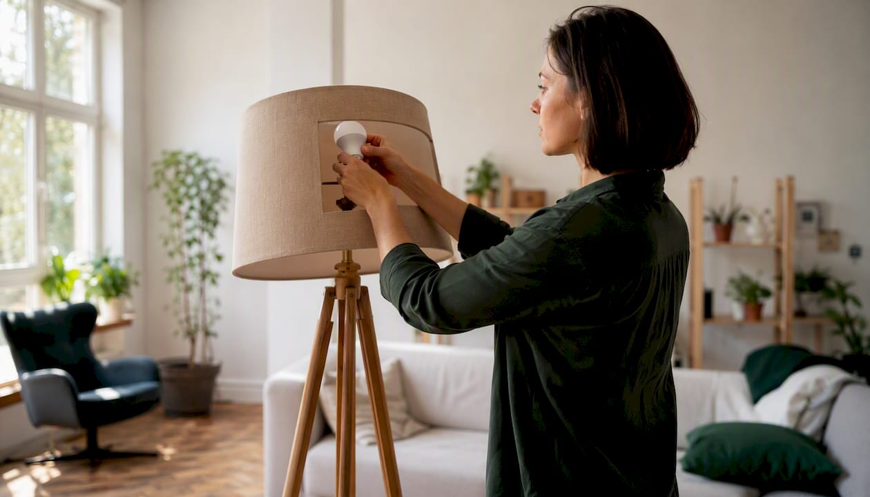 Eine Person schraubt eine energiesparende LED-Lampe von Hand ein.