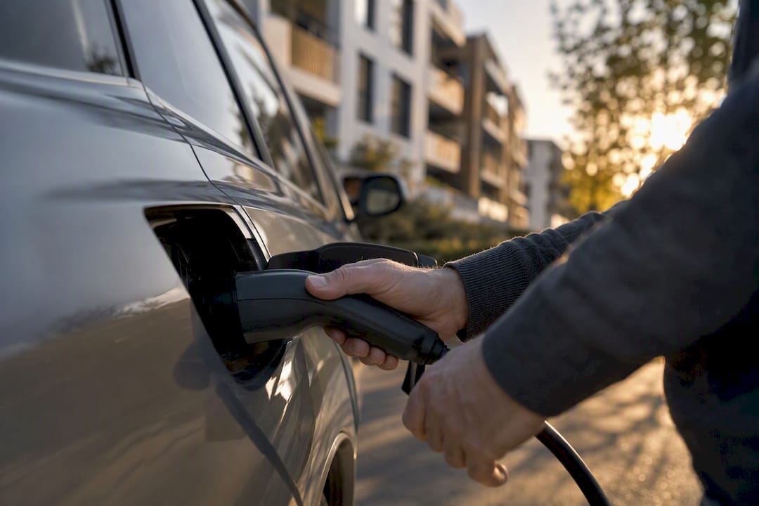 Hände stecken das Ladekabel eines Elektroautos ein