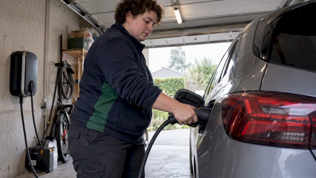 Das Elektroauto wird in der privaten Garage geladen.