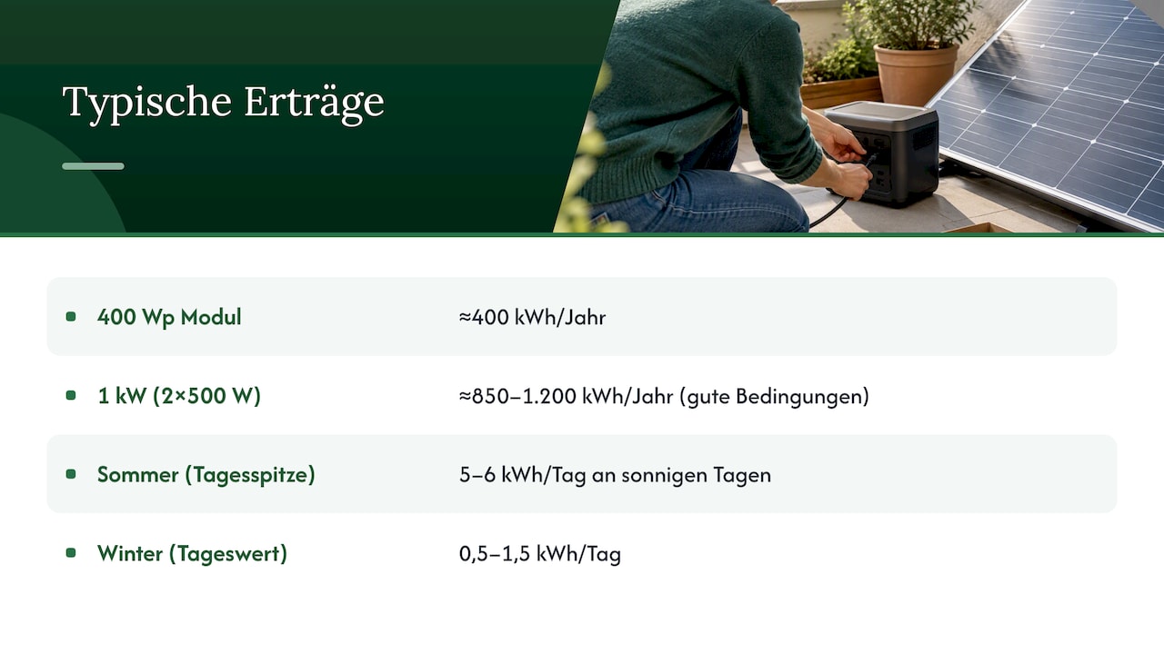 Konkrete Ertragswerte: 600 Watt, 800 Watt, 1 kW und pro kWp — overview diagram